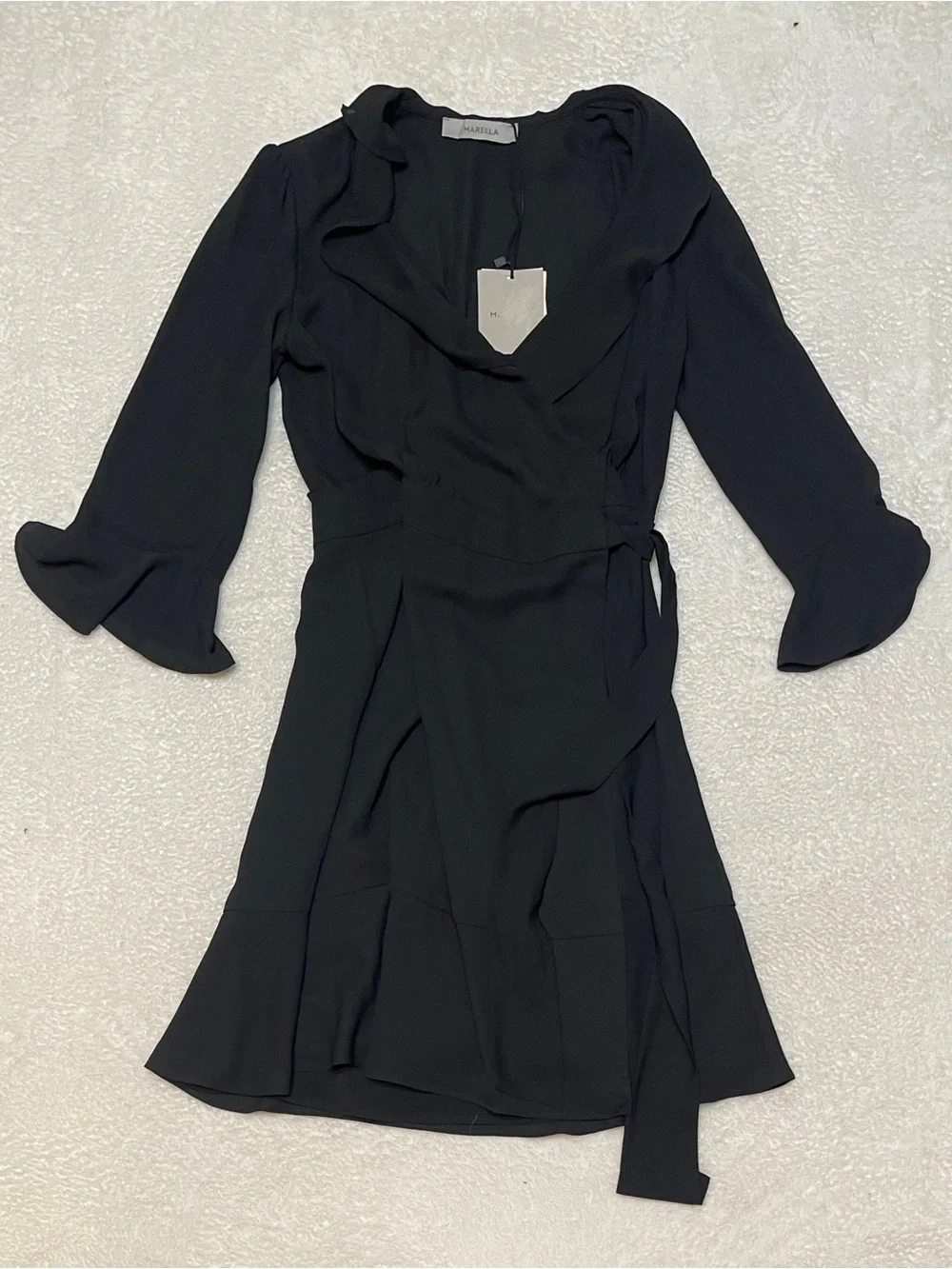 Marella Black Lightweight Ruffle Faux Wrap 3/4 Sleeve Mini Cocktail Dress Size 4